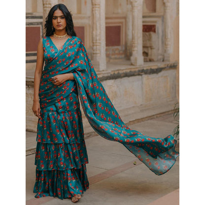 Baaro Masi Teal Vegan Satin Draped Saree with Stitched Blouse