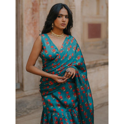 Baaro Masi Teal Vegan Satin Draped Saree with Stitched Blouse