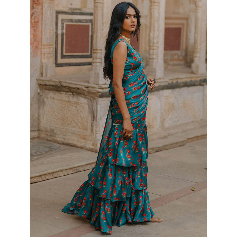 Baaro Masi Teal Vegan Satin Draped Saree with Stitched Blouse