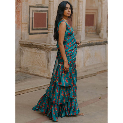 Baaro Masi Teal Vegan Satin Draped Saree with Stitched Blouse