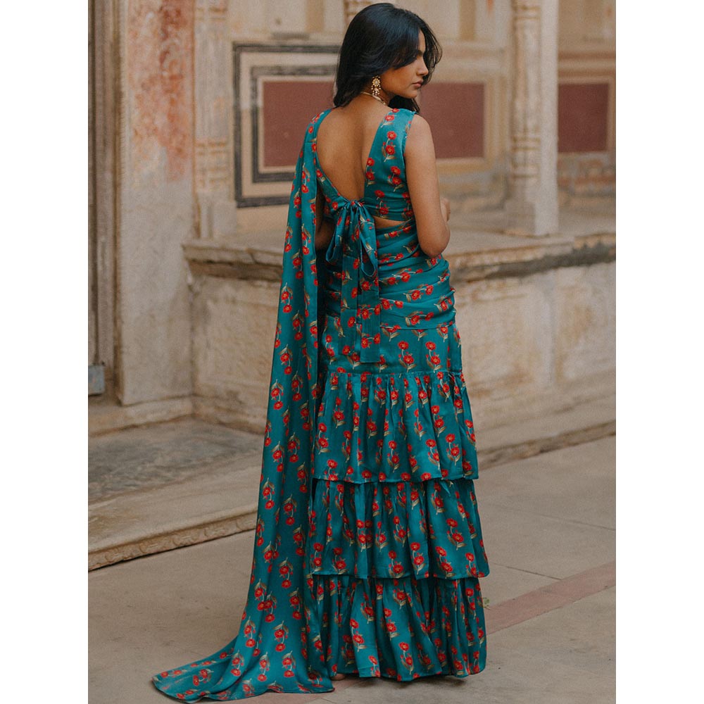 Baaro Masi Teal Vegan Satin Draped Saree with Stitched Blouse