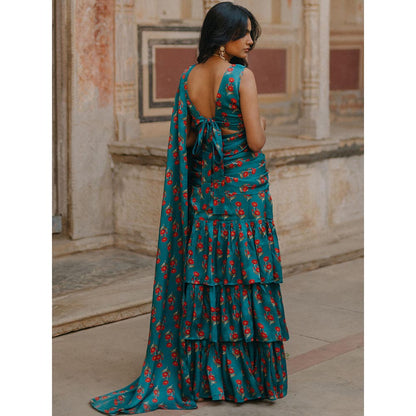 Baaro Masi Teal Vegan Satin Draped Saree with Stitched Blouse