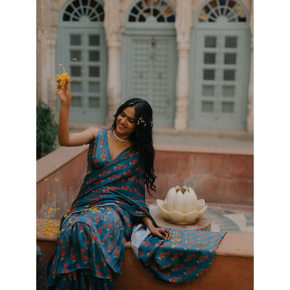Baaro Masi Teal Vegan Satin Draped Saree with Stitched Blouse