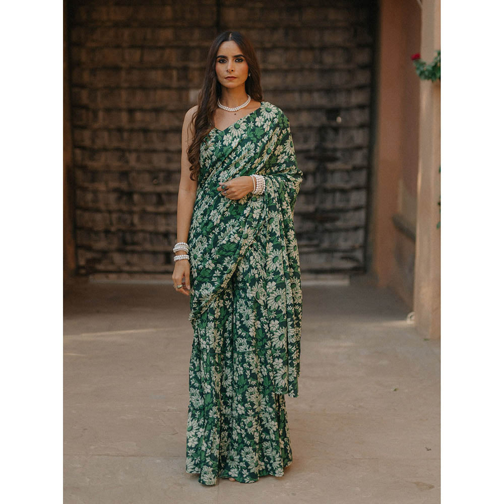 Baaro Masi Dark Green Modal Printed Draped Saree with Stitched Blouse