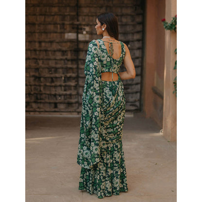 Baaro Masi Dark Green Modal Printed Draped Saree with Stitched Blouse