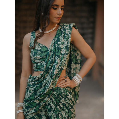 Baaro Masi Dark Green Modal Printed Draped Saree with Stitched Blouse