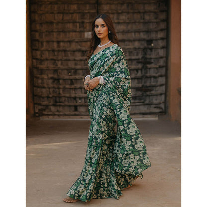 Baaro Masi Dark Green Modal Printed Draped Saree with Stitched Blouse