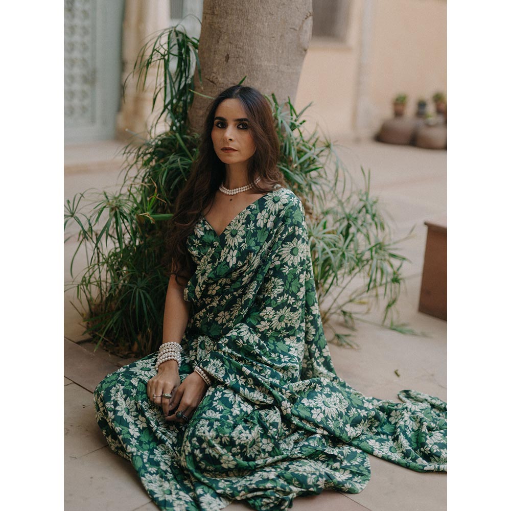Baaro Masi Dark Green Modal Printed Draped Saree with Stitched Blouse