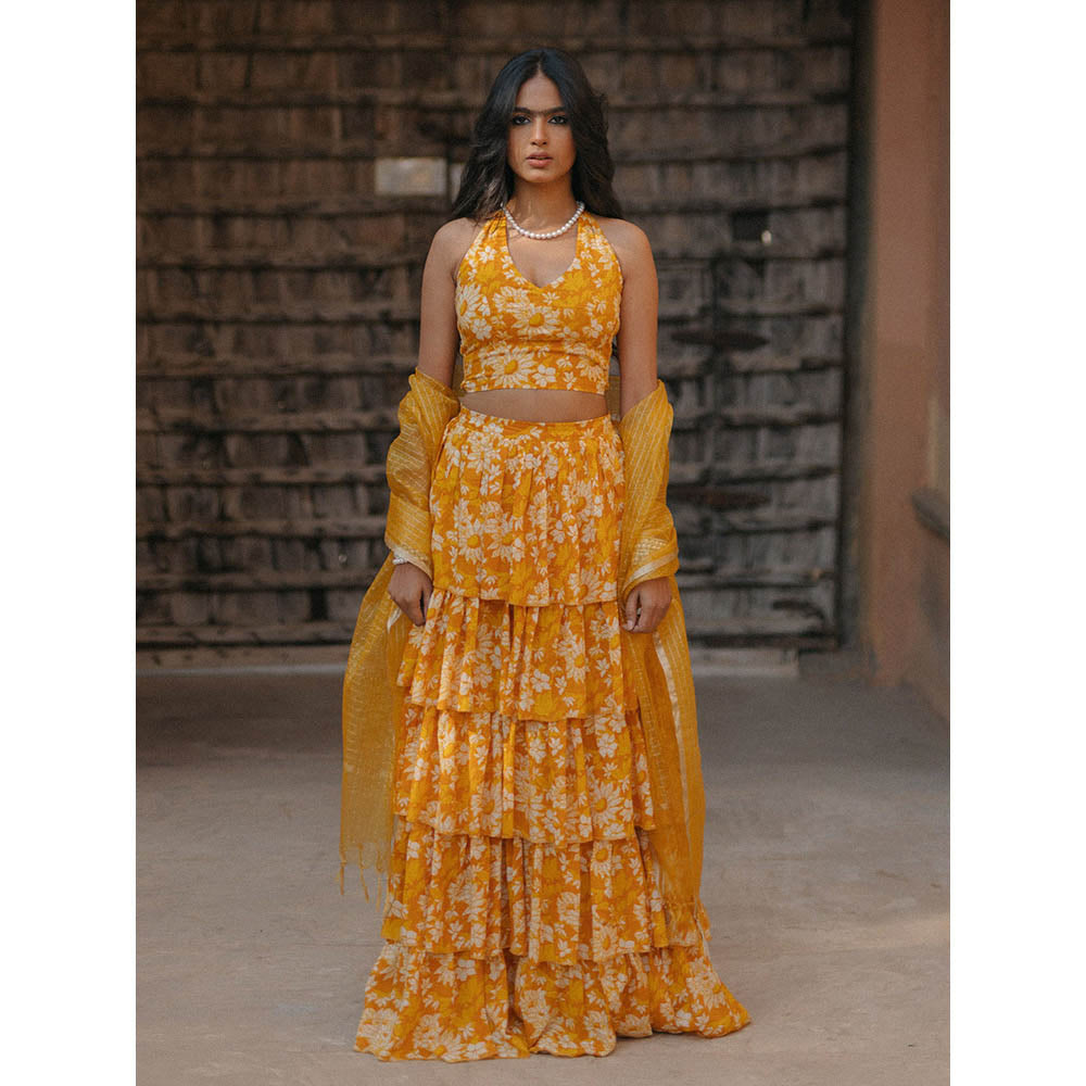 Baaro Masi Yellow Modal Printed Lehnga with Organza Dupatta (Set of 3)