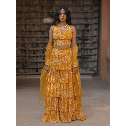 Baaro Masi Yellow Modal Printed Lehnga with Organza Dupatta (Set of 3)