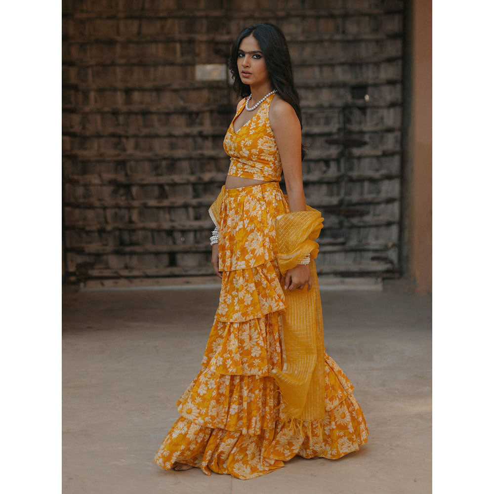 Baaro Masi Yellow Modal Printed Lehnga with Organza Dupatta (Set of 3)