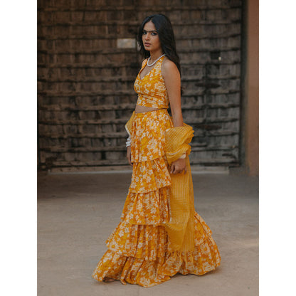 Baaro Masi Yellow Modal Printed Lehnga with Organza Dupatta (Set of 3)