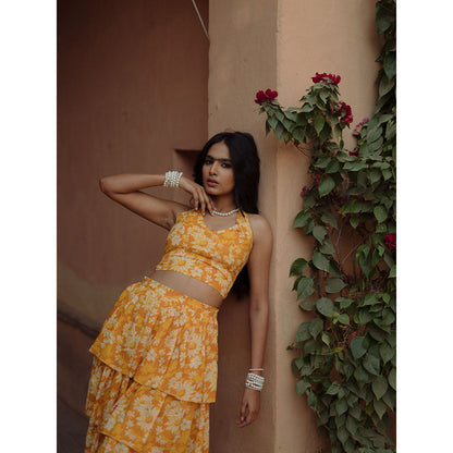 Baaro Masi Yellow Modal Printed Lehnga with Organza Dupatta (Set of 3)