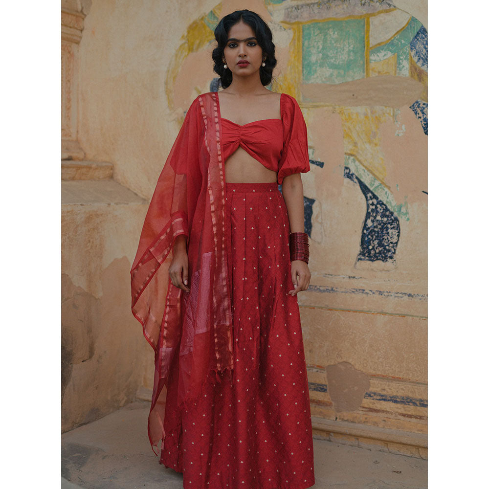 Baaro Masi Dahlia Red Brocade Lehnga with Organza Dupatta (Set of 3)