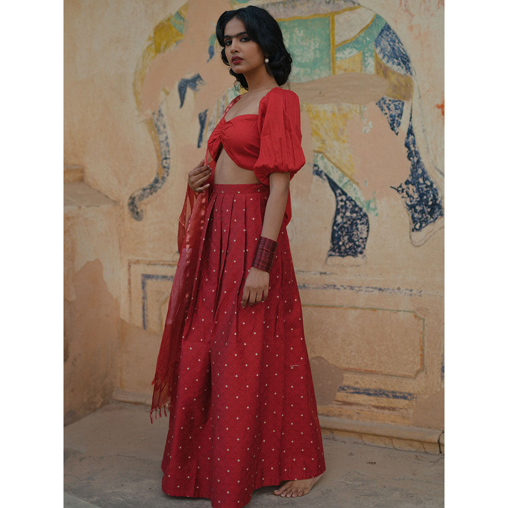 Baaro Masi Dahlia Red Brocade Lehnga with Organza Dupatta (Set of 3)