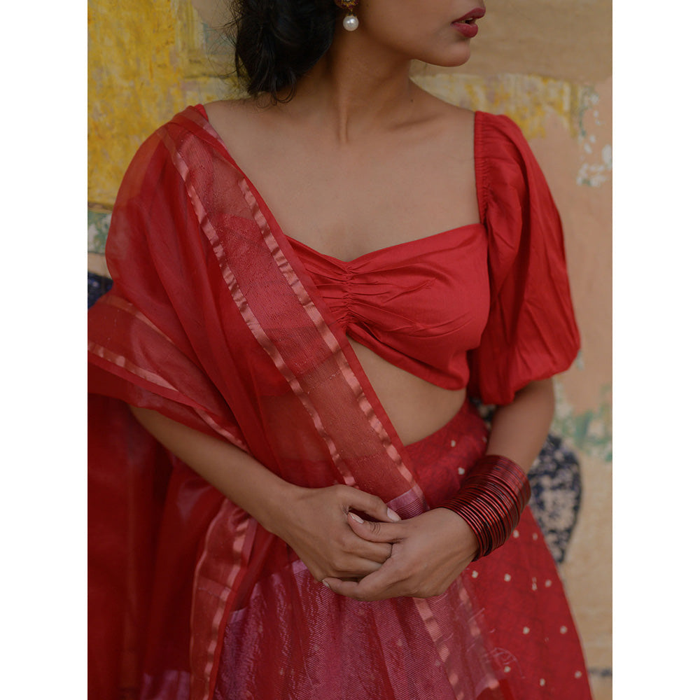 Baaro Masi Dahlia Red Brocade Lehnga with Organza Dupatta (Set of 3)