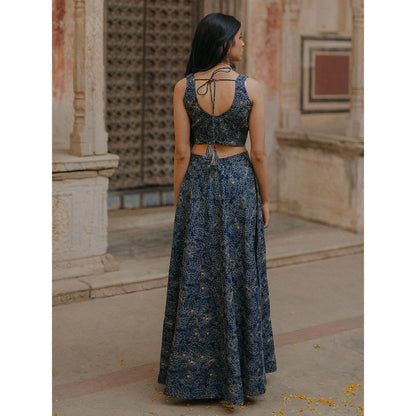 Baaro Masi Midnight Blue Embroidered Lehnga with Organza Dupatta (Set of 3)