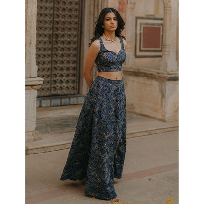 Baaro Masi Midnight Blue Embroidered Lehnga with Organza Dupatta (Set of 3)