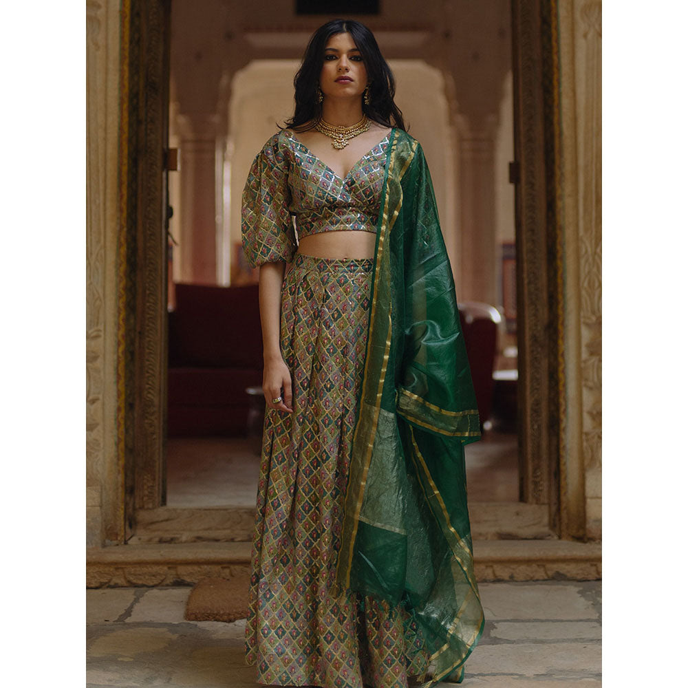 Baaro Masi Green Mosaic Vegan Georgette Embellished Lehnga with Organza Dupatta (Set of 3)