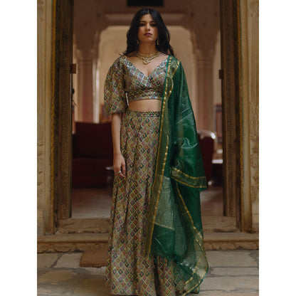 Baaro Masi Green Mosaic Vegan Georgette Embellished Lehnga with Organza Dupatta (Set of 3)