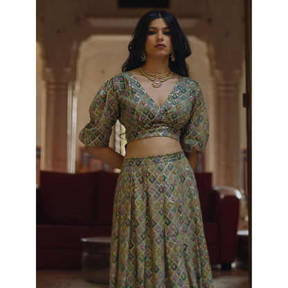 Baaro Masi Green Mosaic Vegan Georgette Embellished Lehnga with Organza Dupatta (Set of 3)