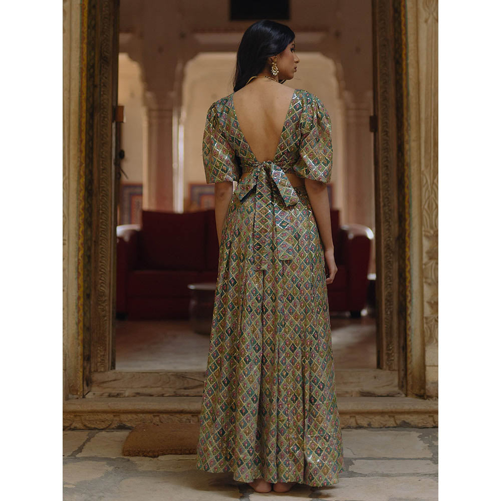 Baaro Masi Green Mosaic Vegan Georgette Embellished Lehnga with Organza Dupatta (Set of 3)