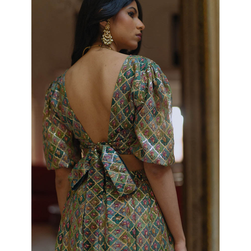 Baaro Masi Green Mosaic Vegan Georgette Embellished Lehnga with Organza Dupatta (Set of 3)