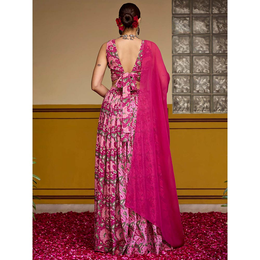 Baaro Masi Magenta Floral Hand Block Lehenga with Blouse and Dupatta (Set of 3)