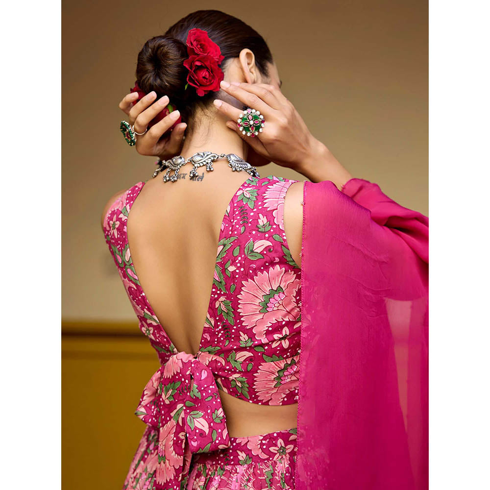 Baaro Masi Magenta Floral Hand Block Lehenga with Blouse and Dupatta (Set of 3)