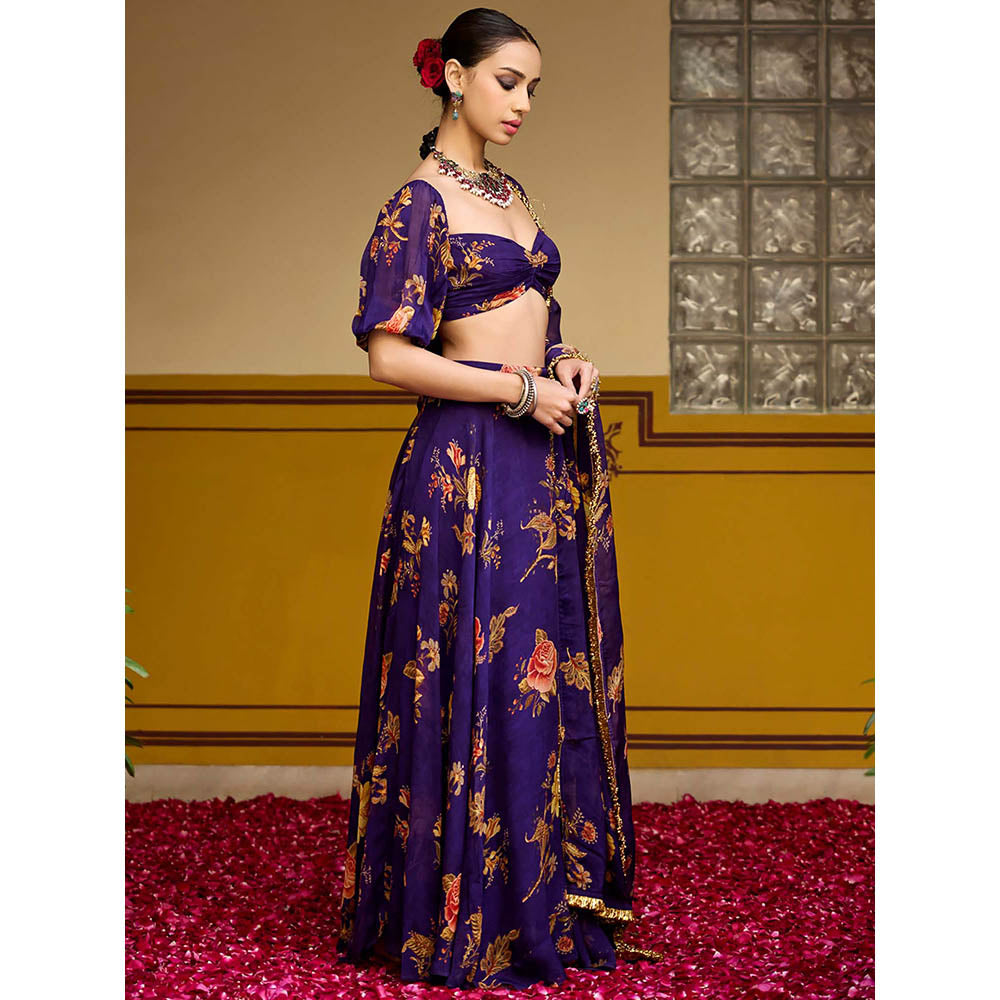 Baaro Masi Purple Floral Lehenga with Blouse and Dupatta (Set of 3)