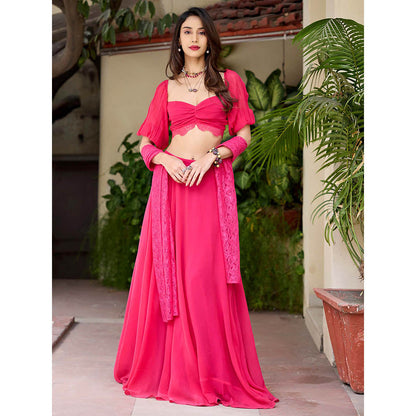 Baaro Masi Pink Georgette Lehenga with Blouse and Lace Dupatta (Set of 3)