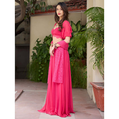 Baaro Masi Pink Georgette Lehenga with Blouse and Lace Dupatta (Set of 3)