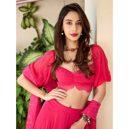 Baaro Masi Pink Georgette Lehenga with Blouse and Lace Dupatta (Set of 3)