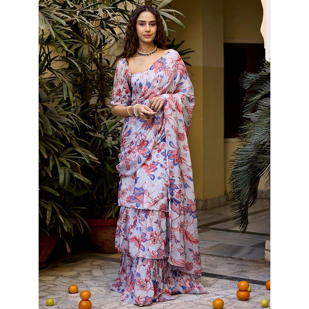 Baaro Masi White Periwinkle Floral Waterfall Style Pre Draped Saree with Stitched Blouse