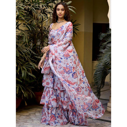 Baaro Masi White Periwinkle Floral Waterfall Style Pre Draped Saree with Stitched Blouse