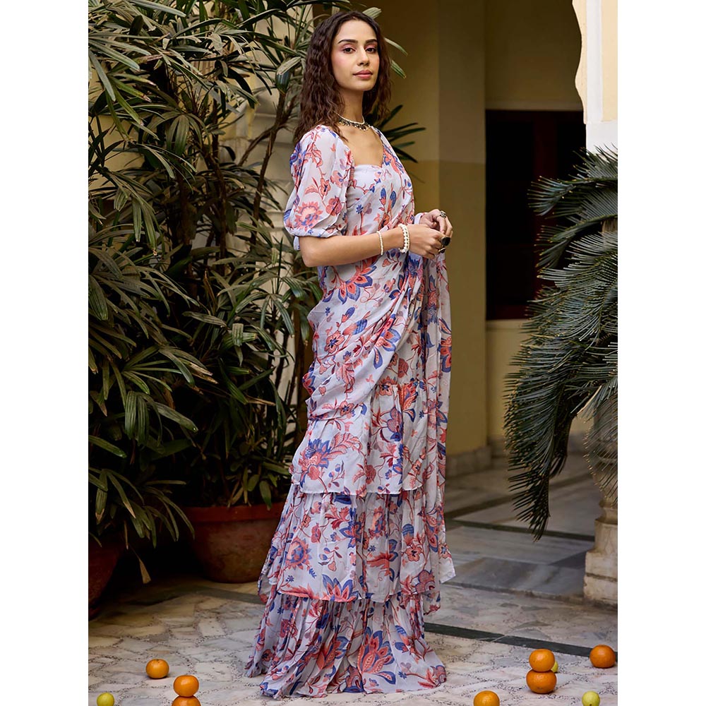 Baaro Masi White Periwinkle Floral Waterfall Style Pre Draped Saree with Stitched Blouse