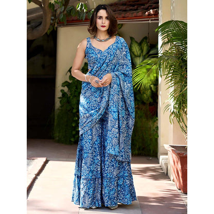 Baaro Masi Moroccan Blue Tier Style Pre Draped Saree with Stitched Blouse