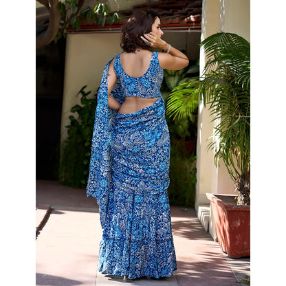 Baaro Masi Moroccan Blue Tier Style Pre Draped Saree with Stitched Blouse