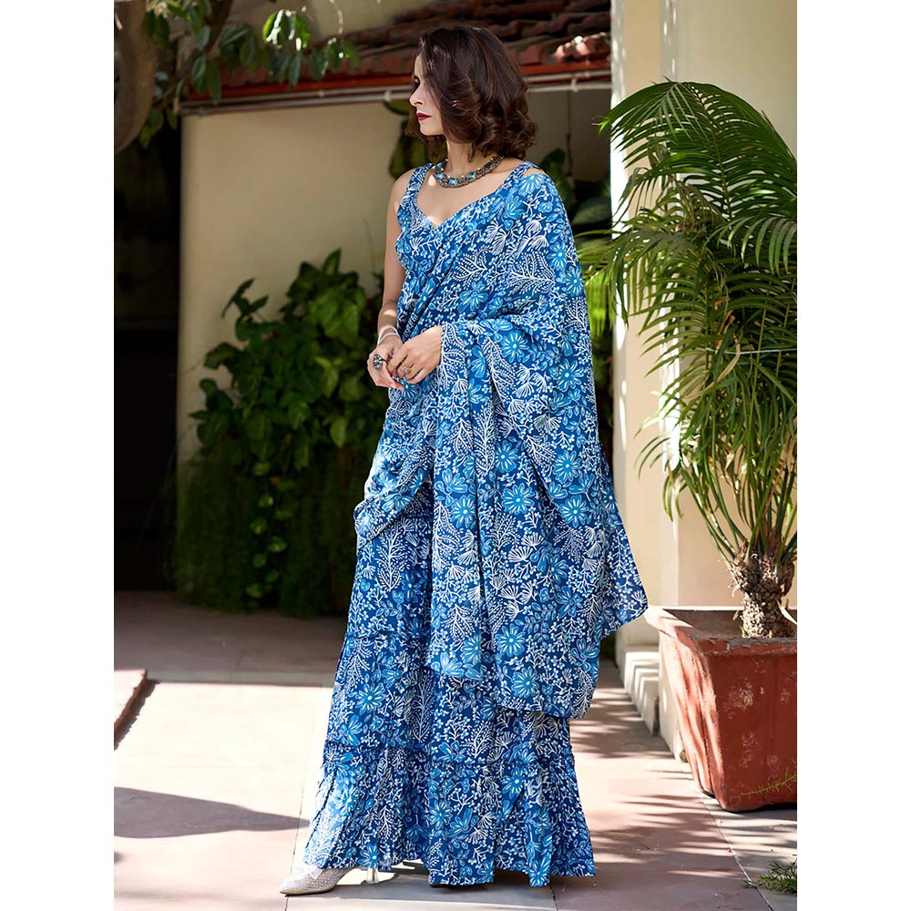 Baaro Masi Moroccan Blue Tier Style Pre Draped Saree with Stitched Blouse