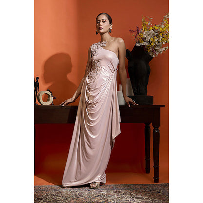 BABITA M Pink One-Shoulder Drape Gown