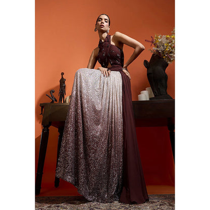 BABITA M Wine Halter Ombre Drape Gown