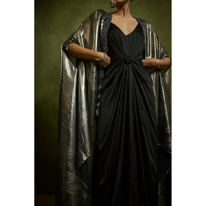 BABITA M Black Sculpted Knot Dress With An Embossed Cape (Set of 2)