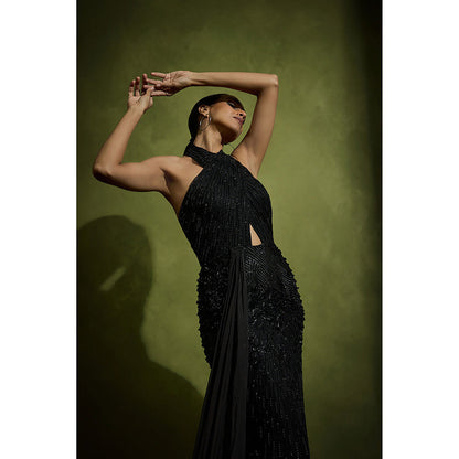 BABITA M Black Noir Tulle Fishtail Gown