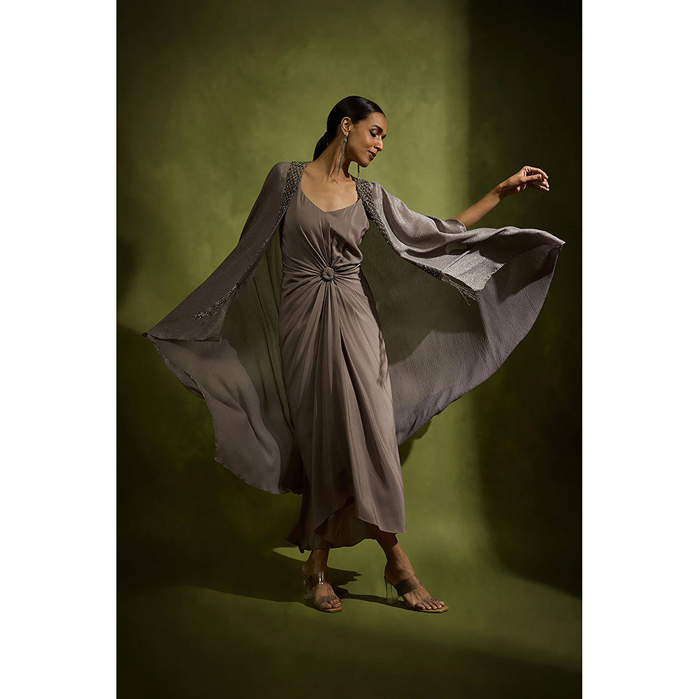BABITA M Grey Sculpted Knot Dress With An Embossed Cape (Set of 2)