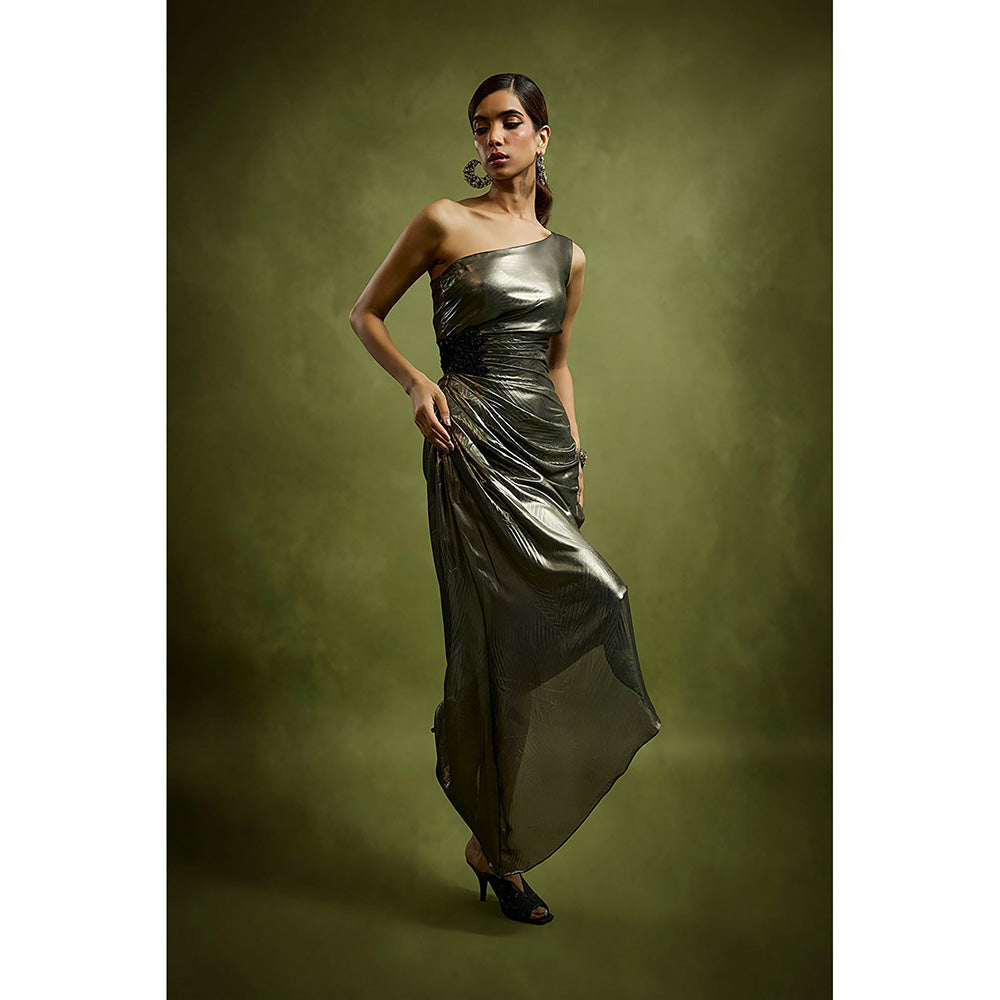 BABITA M Grey One Shoulder Pleated Metallic Foil Dress