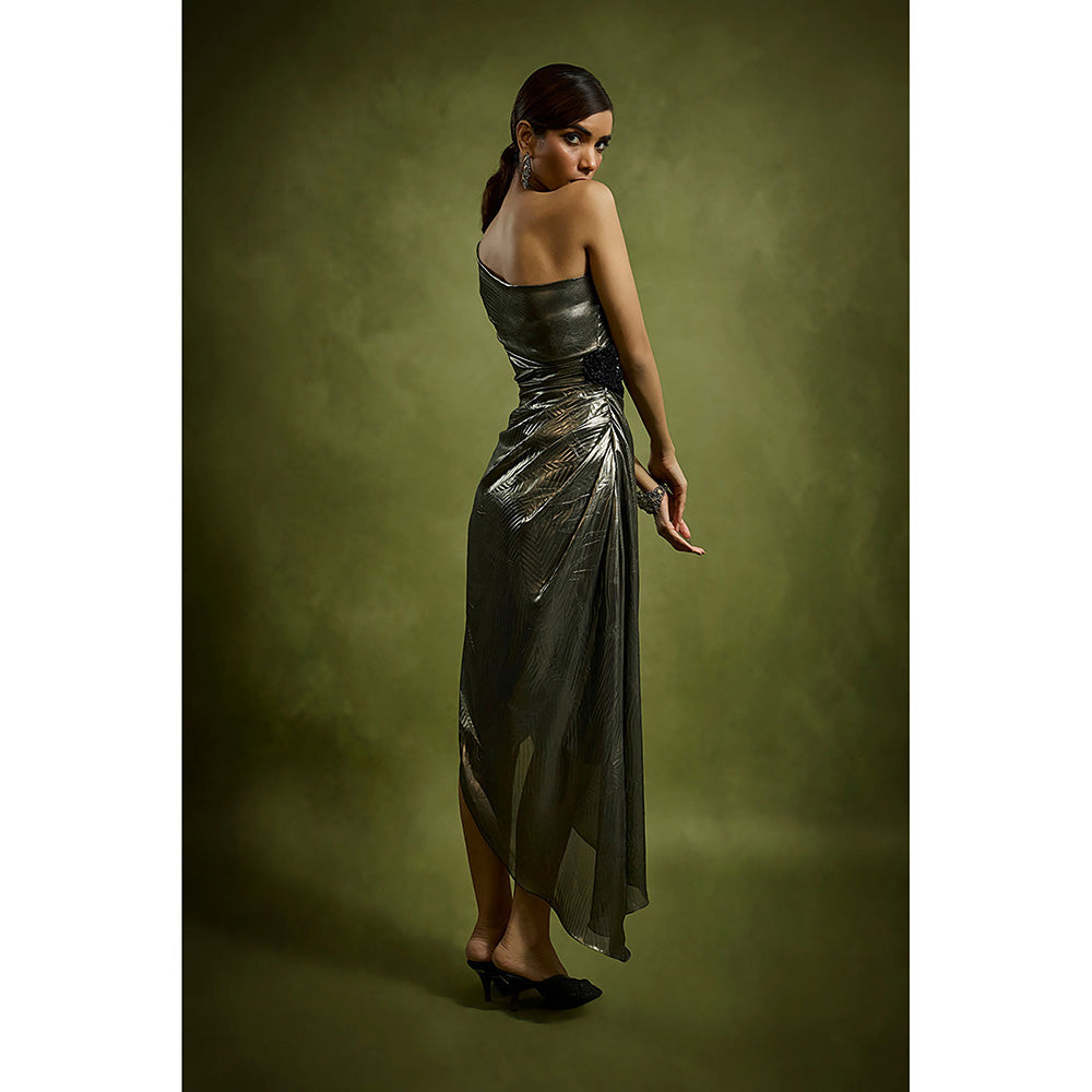 BABITA M Grey One Shoulder Pleated Metallic Foil Dress