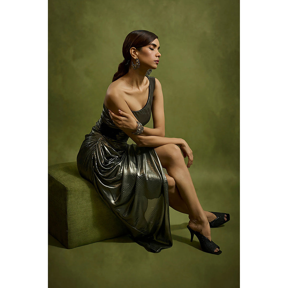 BABITA M Grey One Shoulder Pleated Metallic Foil Dress