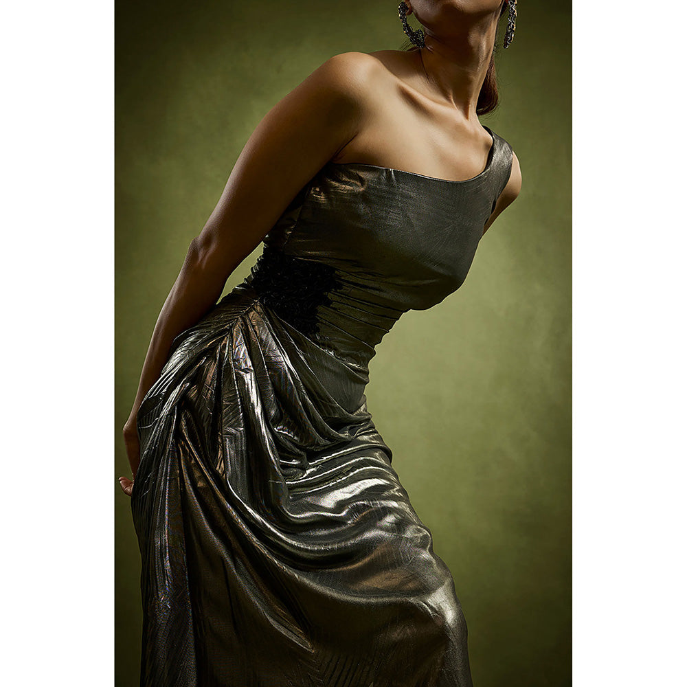 BABITA M Grey One Shoulder Pleated Metallic Foil Dress