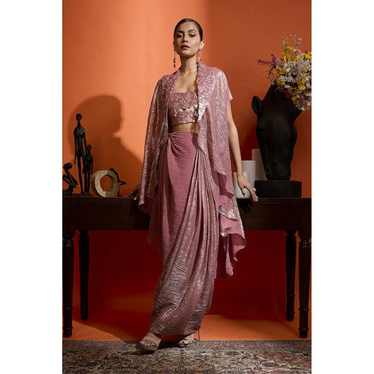 BABITA M Pink Metallic Rose Draped Skirt With Bralette And Cape (Set of 3)