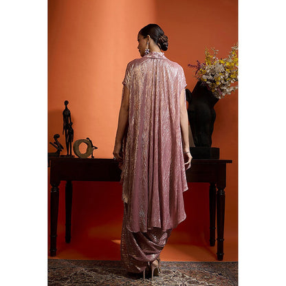 BABITA M Pink Metallic Rose Draped Skirt With Bralette And Cape (Set of 3)